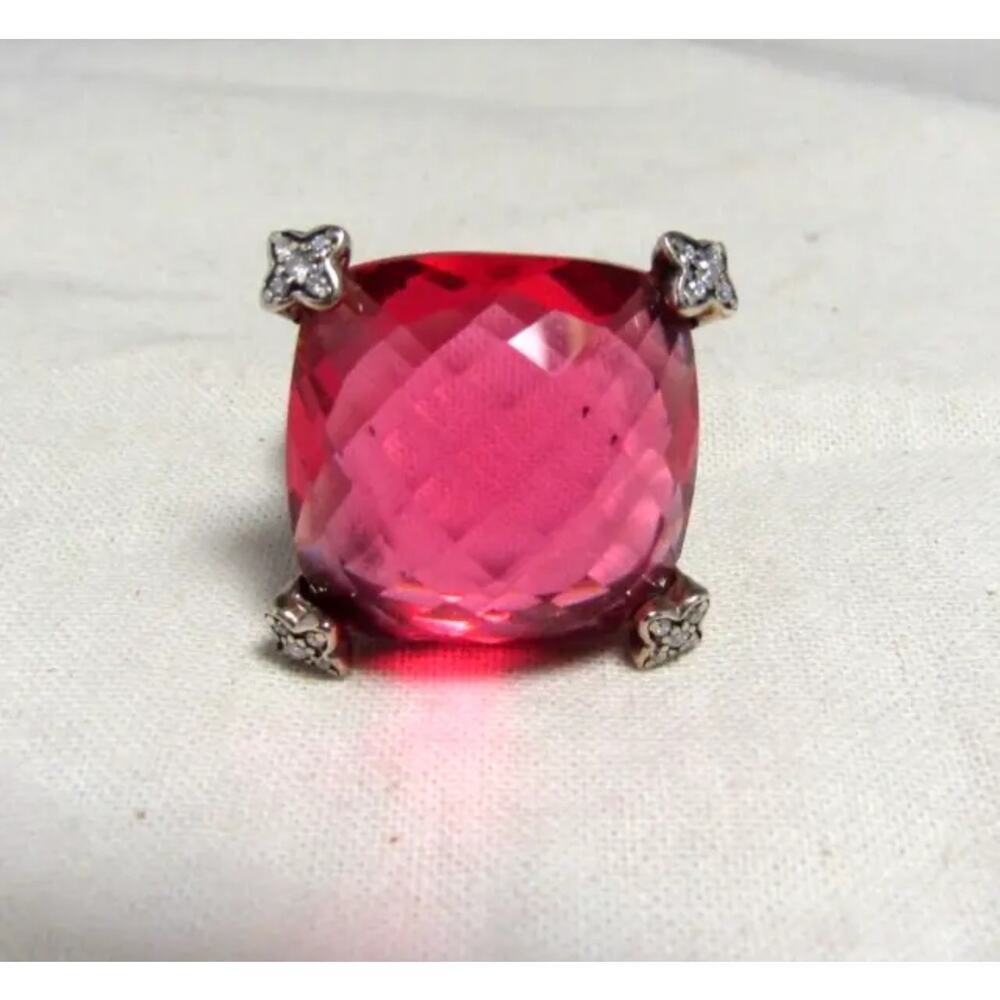 David Yurman Sterling Silver 20MM Pink Tourmaline Point on Cushion Ring Sz 6.50